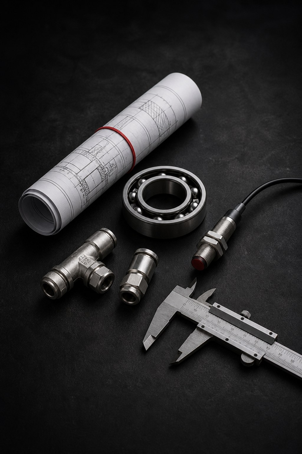 Industrial components, measuring tools and engineering drawings arranged for sourcing coordination